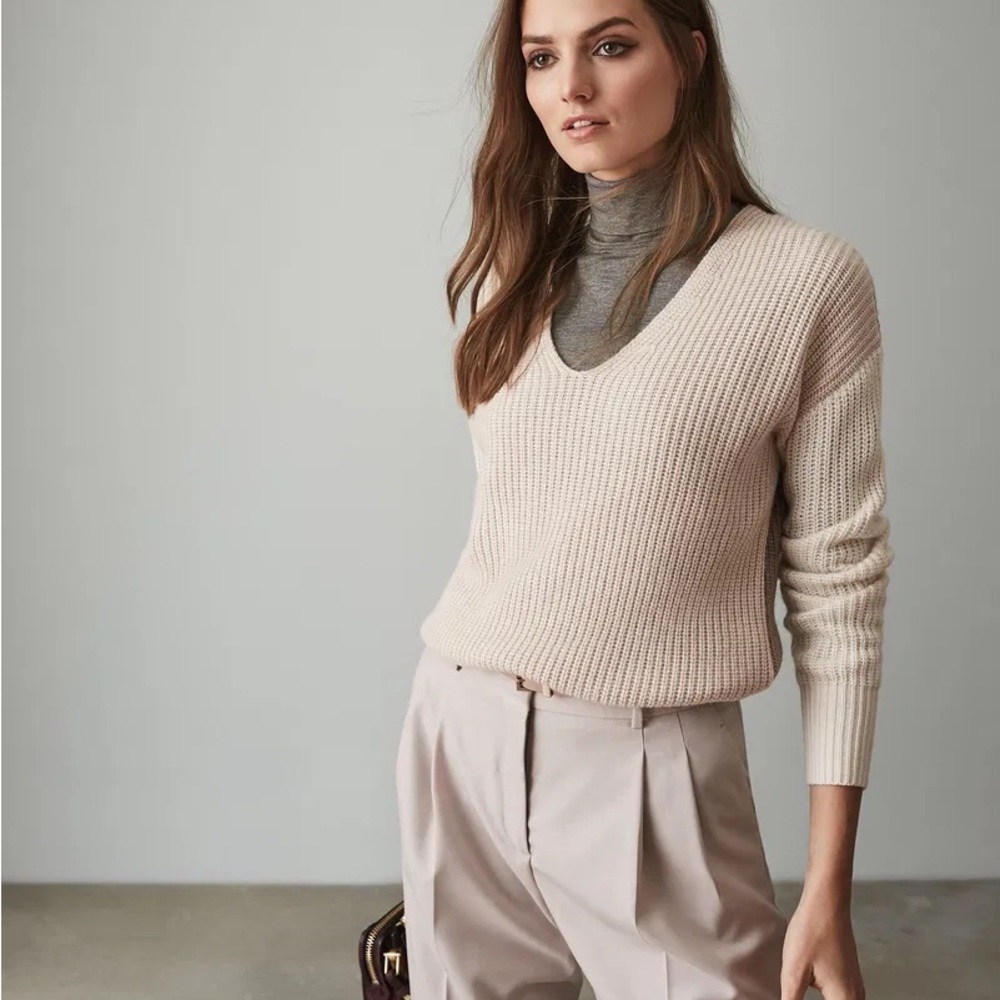 REISS Cream V-Neck Knit Sweater